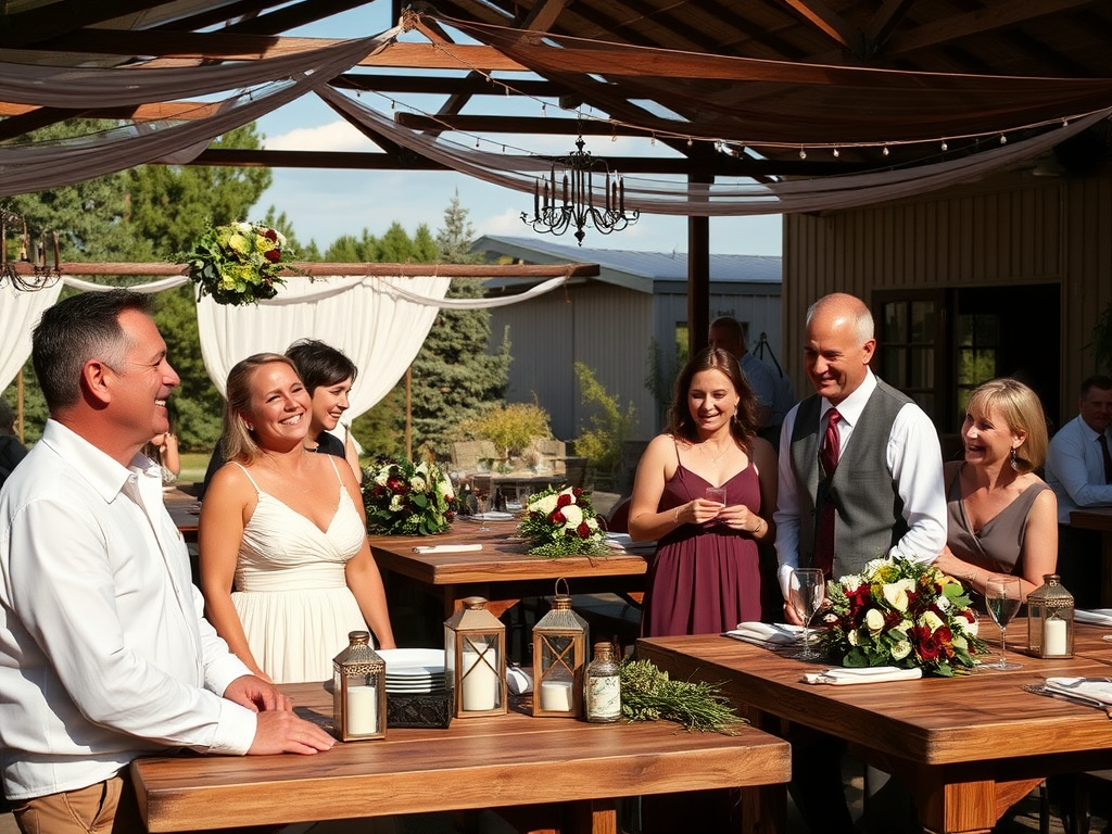 Des invités rient et célèbrent un événement joyeux à l'extérieur, entourés de décorations florales.