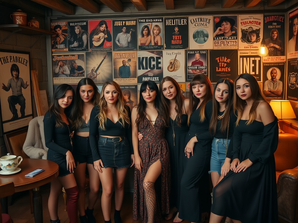 Huit femmes élégantes posent ensemble dans un café, avec des affiches de musique en arrière-plan.