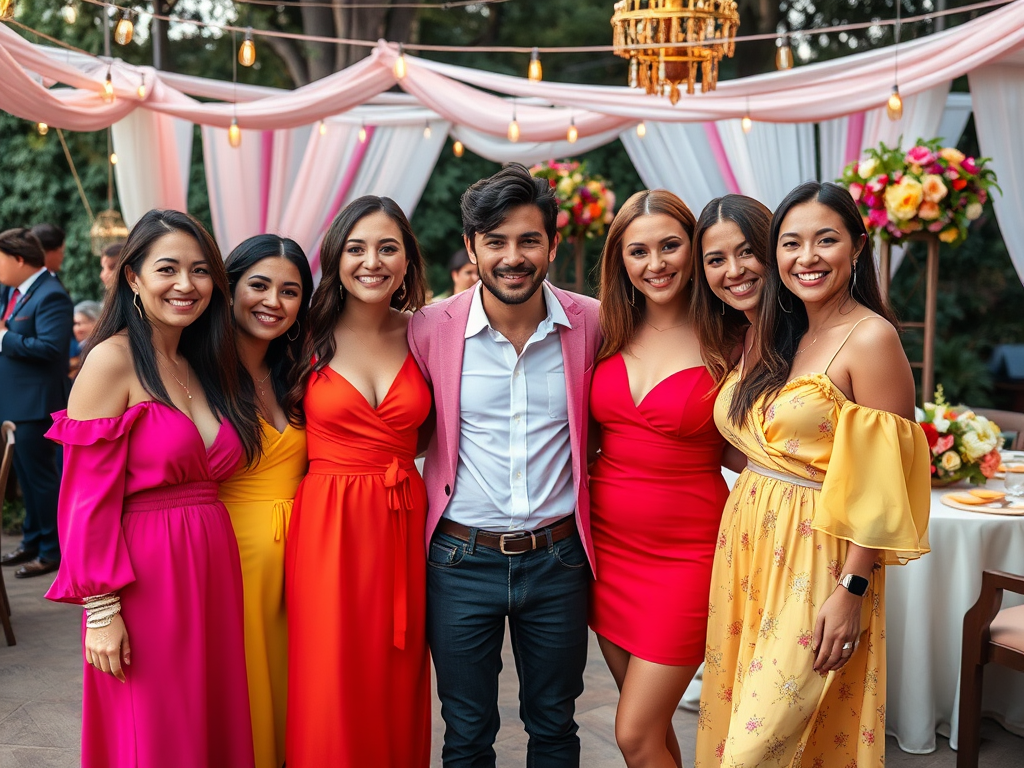 Un groupe de sept amis souriant ensemble lors d'un événement festif en plein air. Couleurs vives et décor floral.