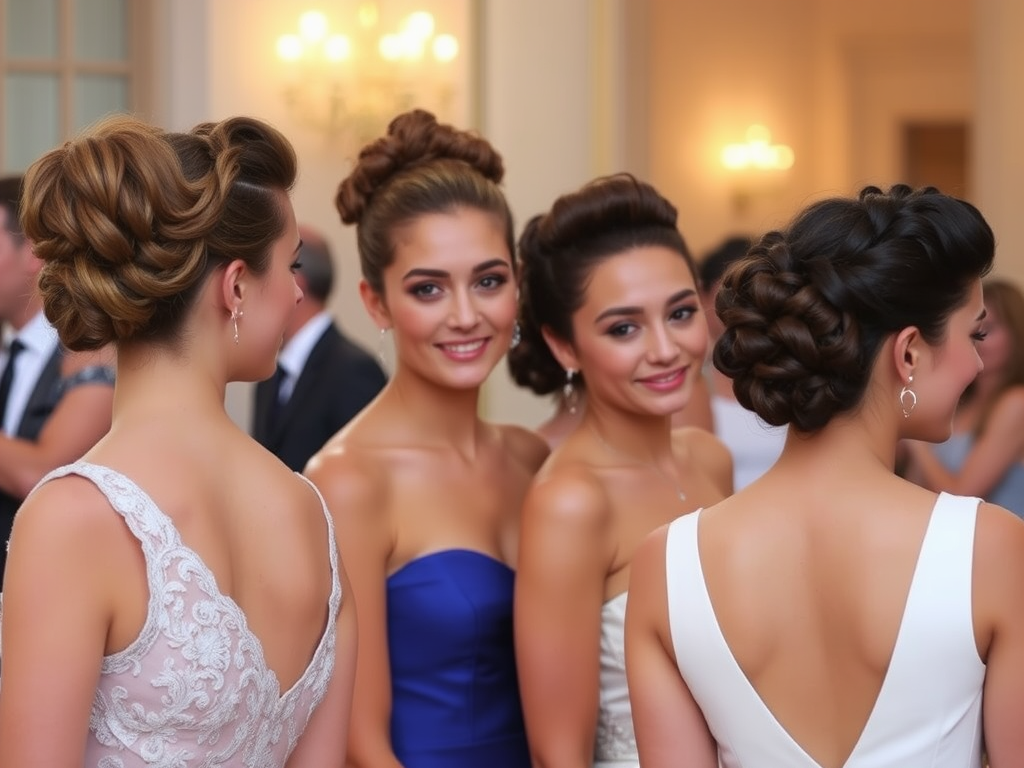 Quatre femmes élégantes affichent des coiffures sophistiquées et des robes de soirée dans une ambiance festive.