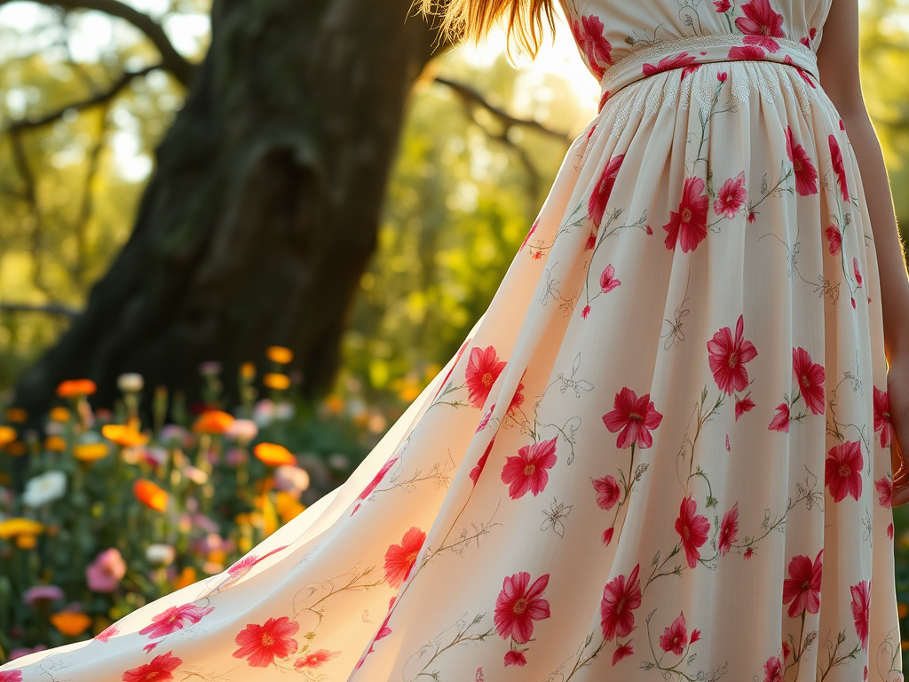 Une robe élégante à fleurs roses dans un jardin vibrant, illuminée par la lumière douce du soleil.