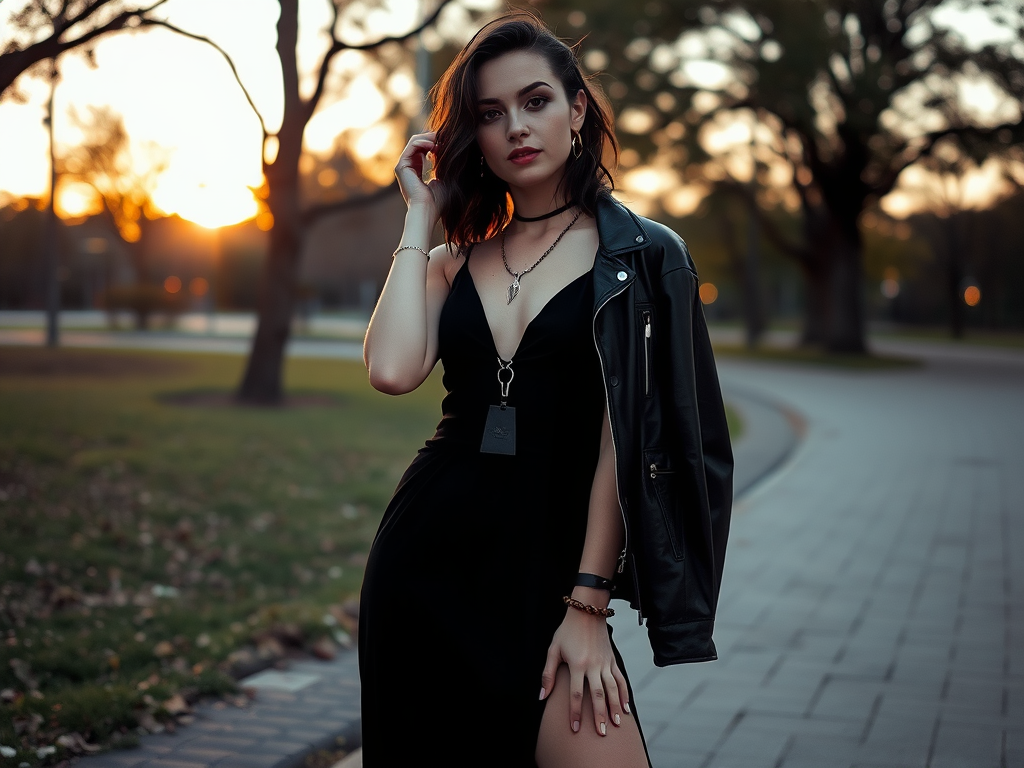 Une jeune femme en robe noire et veste en cuir pose au coucher du soleil dans un parc.