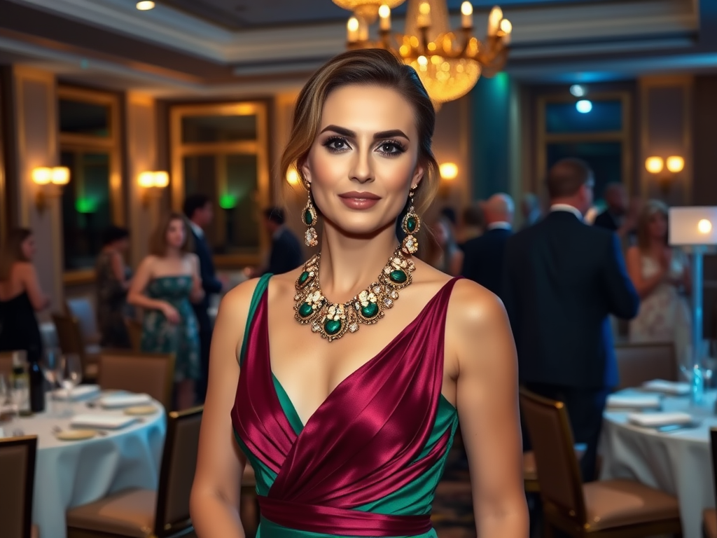 Une femme élégante en robe bordeaux et verte, avec un collier vert, dans une salle de fête animée.