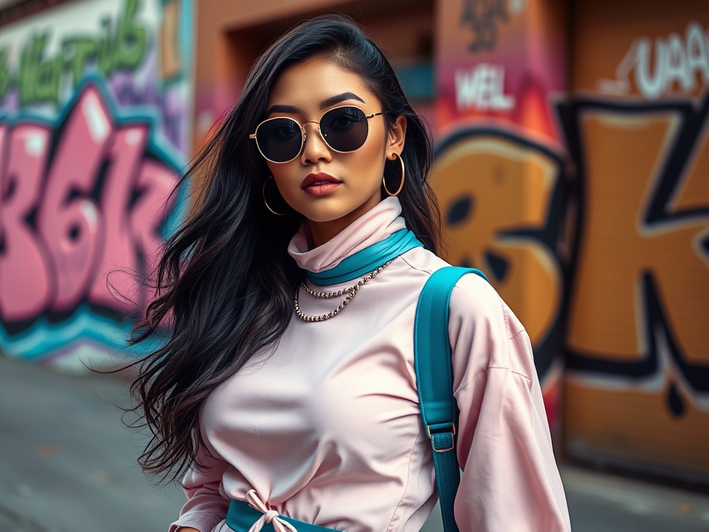 Une femme au style moderne, portant des lunettes de soleil et un haut rose, se tient devant un mur de graffiti coloré.