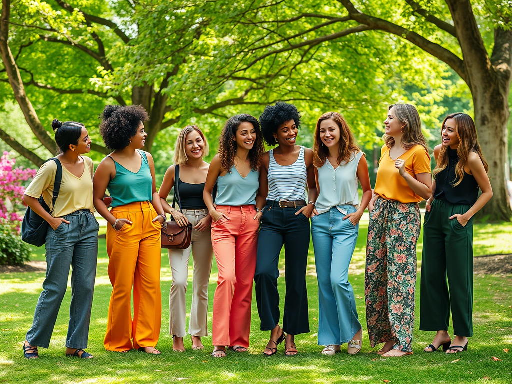 Un groupe de femmes souriantes se tient ensemble dans un parc verdoyant, habillées en pantalons colorés.