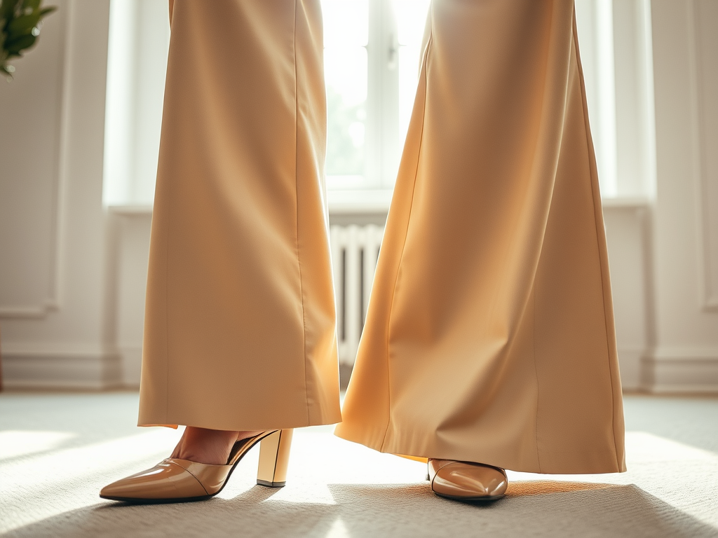 Une vue des jambes en pantalon beige, avec des escarpins élégants, éclairée par la lumière naturelle.