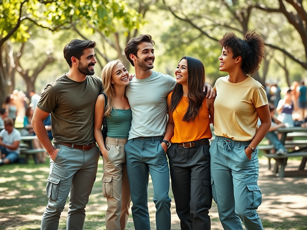 Cinq amis souriants se tiennent dans un parc, vêtus de vêtements décontractés, entourés d'arbres.