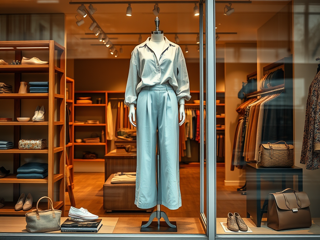 Vitrine d’un magasin avec un mannequin portant un ensemble en denim et divers vêtements en arrière-plan.