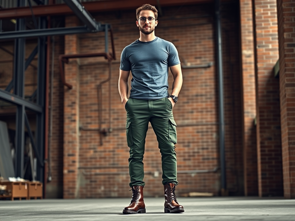 Un jeune homme avec un t-shirt bleu et un pantalon cargo vert se tient debout dans un espace industriel.