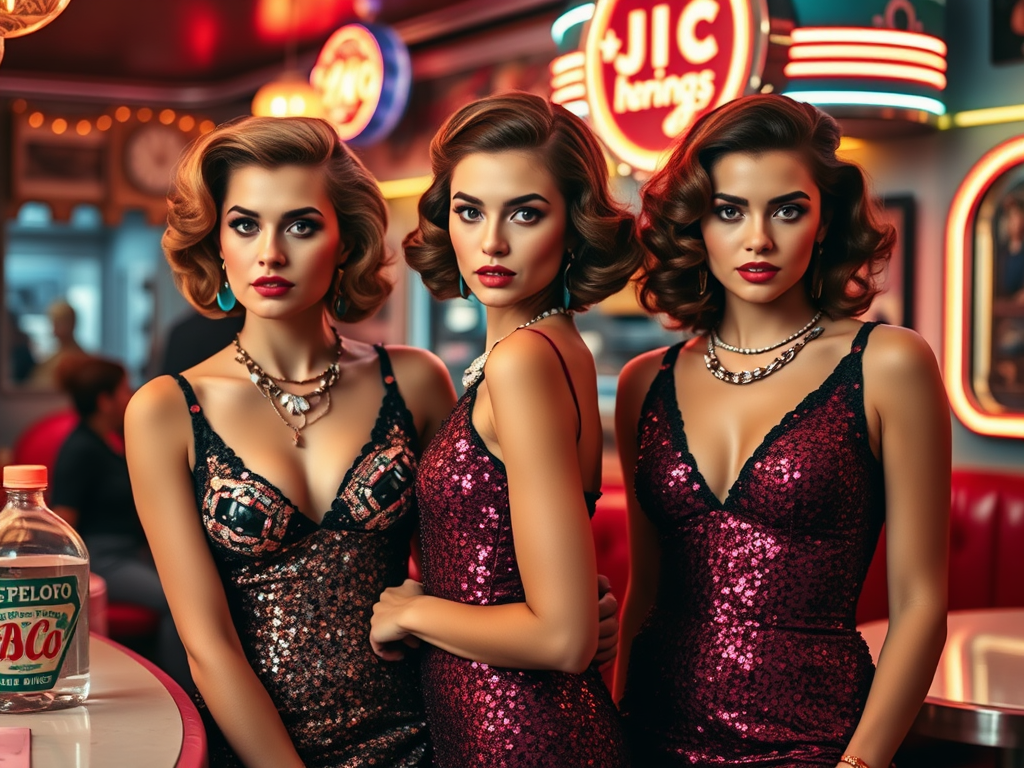 Trois femmes élégantes aux robes scintillantes posent dans un diner rétro, avec une ambiance nostalgique.