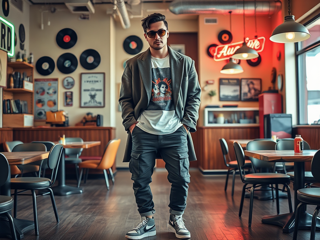 Un homme stylé se tient dans un café, portant une veste, un t-shirt graphique et des baskets, entouré de décor rétro.